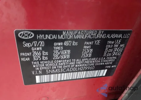 2020 Hyundai Santa Fe Sel from USA, damaged, VIN 5NMS3CAD0LH279960